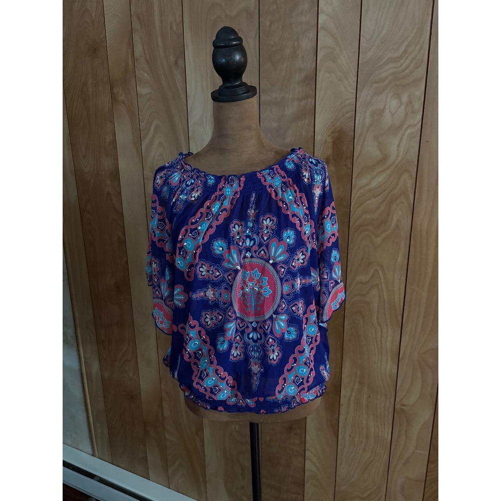 INC International‎ Concepts Mesh Medallion Smocked Blouse Purple XS Rhinestone